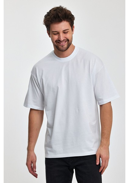 Erkek Oversize Fit Kalın Kumaş Dokulu Bisiklet Yaka T-Shirt - Beyaz fırsatları