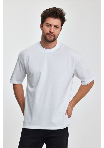 Erkek Oversize Fit Kalın Kumaş Dokulu Bisiklet Yaka T-Shirt - Beyaz indirimleri