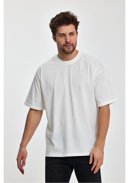 Erkek Oversize Fit Kalın Kumaş Dokulu Bisiklet Yaka T-Shirt - Ekru