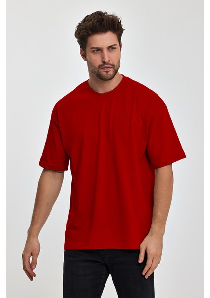 Erkek Slim Fit Bisiklet Yaka Pamuk Kısa Kollu Tişört - Kırmızı