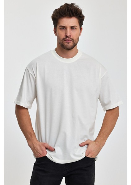 Erkek Oversize Fit Kalın Kumaş Dokulu Bisiklet Yaka T-Shirt - Ekru
