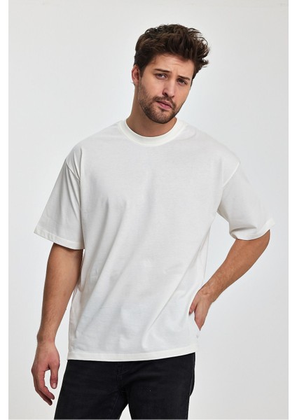 Erkek Oversize Fit Kalın Kumaş Dokulu Bisiklet Yaka T-Shirt - Ekru