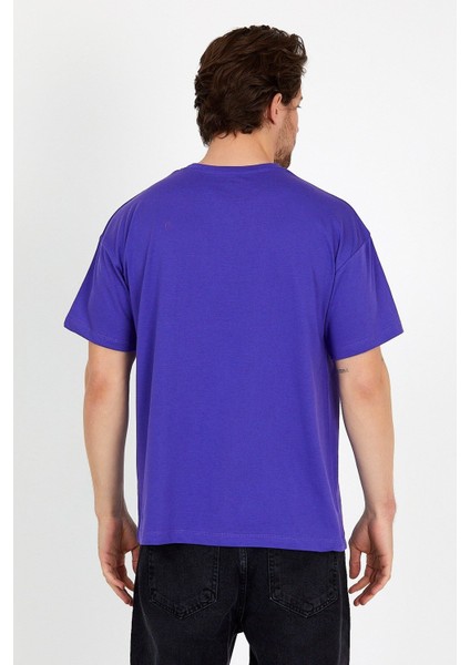 Mor Baskılı Bisiklet Yaka Oversize T-Shirt - Mor