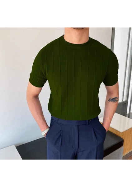 Bisiklet Yaka Triko Erkek T-Shirt Haki