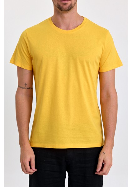 Erkek Slim Fit Pamuk Bisiklet Yaka Basic Tişört Sarı