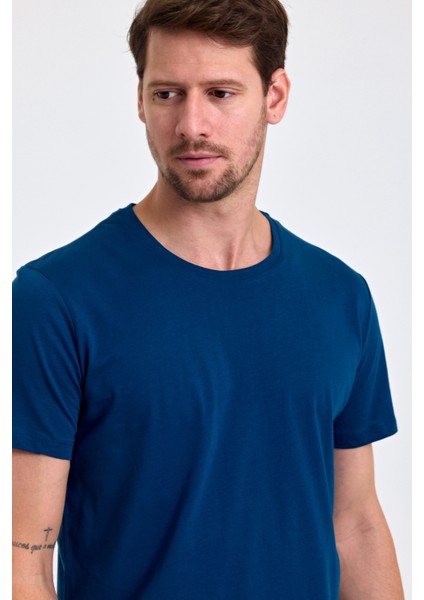 Erkek Slim Fit Pamuk Bisiklet Yaka Basic Tişört Indigo
