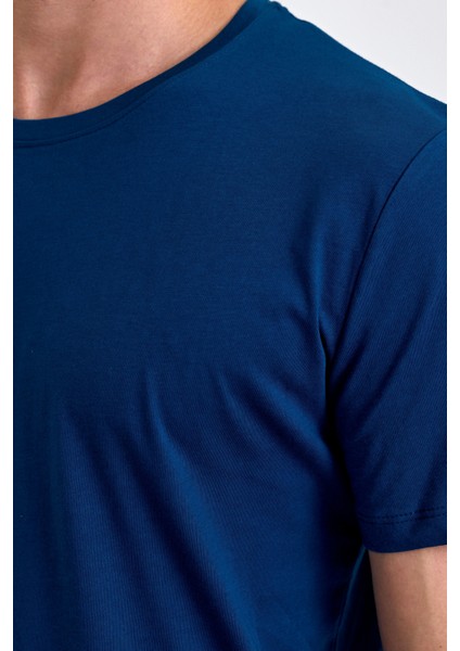 Erkek Slim Fit Pamuk Bisiklet Yaka Basic Tişört Indigo