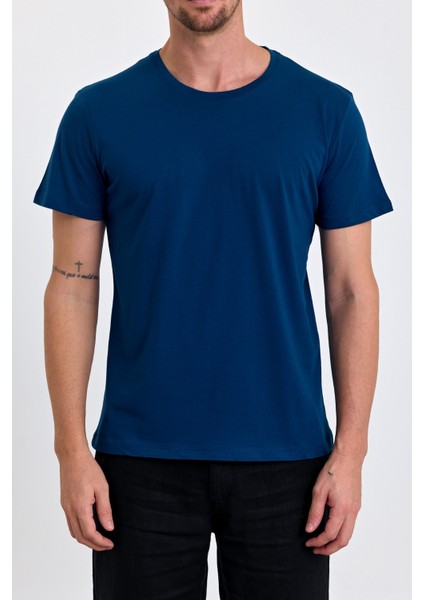 Erkek Slim Fit Pamuk Bisiklet Yaka Basic Tişört Indigo