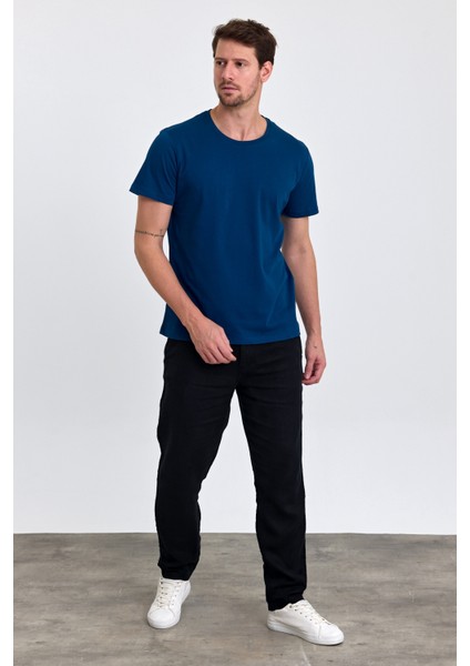 Erkek Slim Fit Pamuk Bisiklet Yaka Basic Tişört Indigo