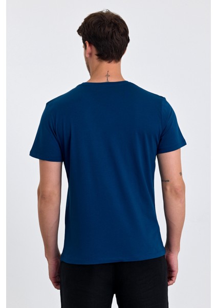 Erkek Slim Fit Pamuk Bisiklet Yaka Basic Tişört Indigo