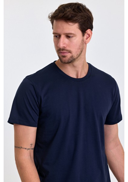 Erkek Slim Fit Pamuk Bisiklet Yaka Basic Tişört Lacivert