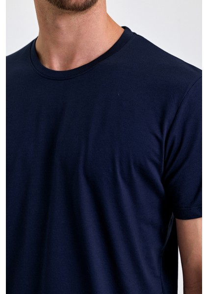 Erkek Slim Fit Pamuk Bisiklet Yaka Basic Tişört Lacivert