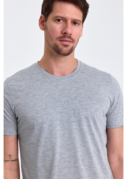 Erkek Slim Fit Pamuk Bisiklet Yaka Basic Tişört Gri