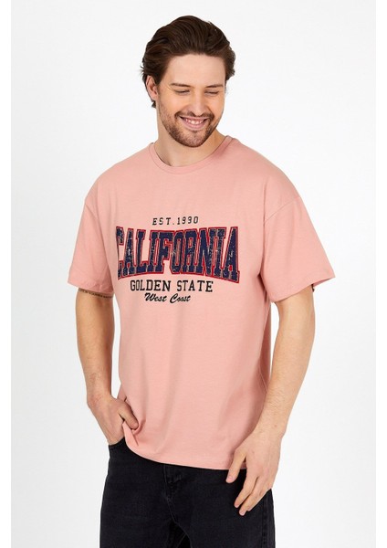 Pudra Baskılı Bisiklet Yaka Oversize T-Shirt - Pudra