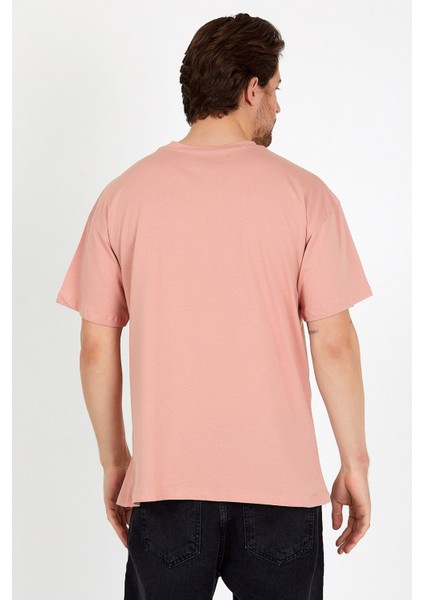 Pudra Baskılı Bisiklet Yaka Oversize T-Shirt - Pudra