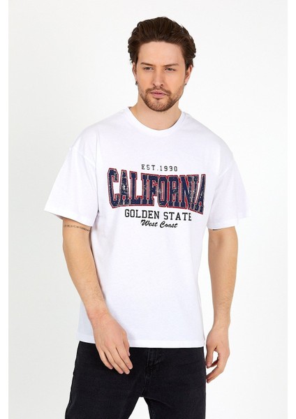 Beyaz Baskılı Bisiklet Yaka Oversize T-Shirt - Beyaz