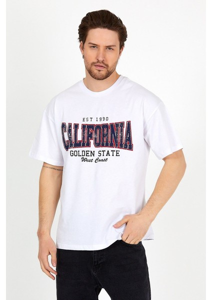 Beyaz Baskılı Bisiklet Yaka Oversize T-Shirt - Beyaz fiyatları