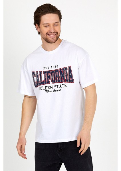 Beyaz Baskılı Bisiklet Yaka Oversize T-Shirt - Beyaz modelleri