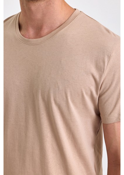 Erkek Slim Fit Pamuk Bisiklet Yaka Basic Tişört Bej