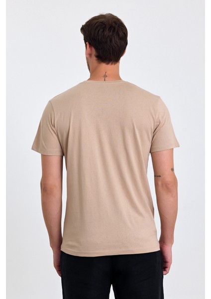Erkek Slim Fit Pamuk Bisiklet Yaka Basic Tişört Bej