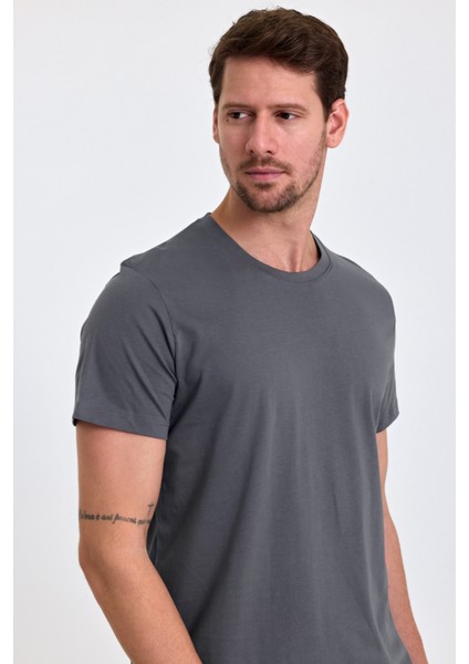 Erkek Slim Fit Pamuk Bisiklet Yaka Basic Tişört Füme
