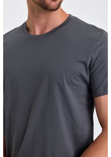 Erkek Slim Fit Pamuk Bisiklet Yaka Basic Tişört Füme