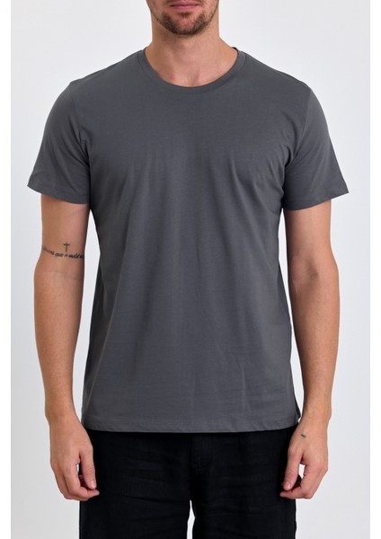 Erkek Slim Fit Pamuk Bisiklet Yaka Basic Tişört Füme
