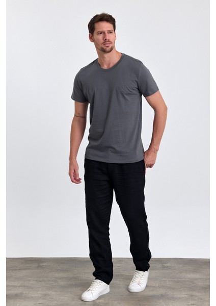 Erkek Slim Fit Pamuk Bisiklet Yaka Basic Tişört Füme
