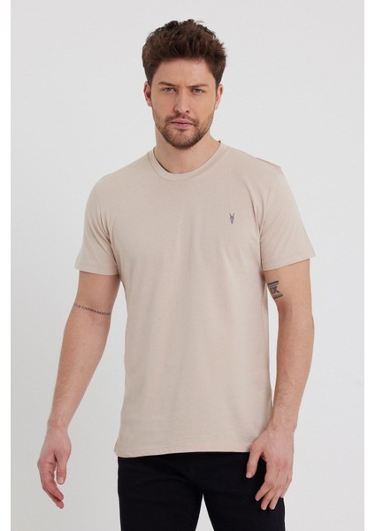 Erkek Bej Rengi Slim Fit Bisiklet Yaka Pamuk Kısa Kollu Tişört - Bej