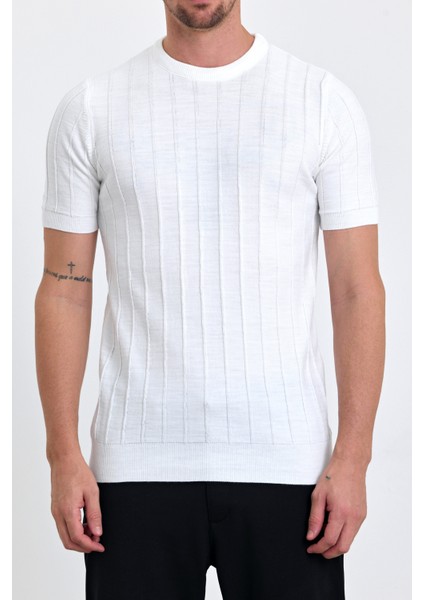 Erkek Beyaz Bisiklet Yaka Slim Fit Çizgili Esnek Nefes Alan Triko T-Shirt