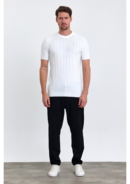 Erkek Beyaz Bisiklet Yaka Slim Fit Çizgili Esnek Nefes Alan Triko T-Shirt fiyatları