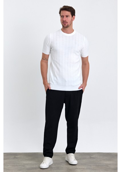 Erkek Beyaz Bisiklet Yaka Slim Fit Çizgili Esnek Nefes Alan Triko T-Shirt modelleri