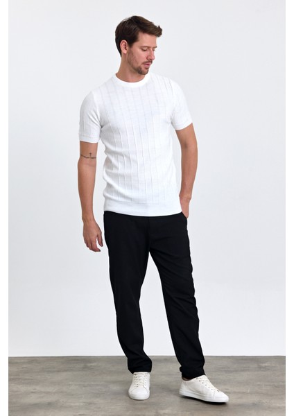 Erkek Beyaz Bisiklet Yaka Slim Fit Çizgili Esnek Nefes Alan Triko T-Shirt indirimleri