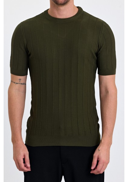 Erkek Haki Bisiklet Yaka Slim Fit Çizgili Esnek Nefes Alan Triko T-Shirt