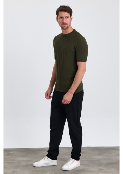 Erkek Haki Bisiklet Yaka Slim Fit Çizgili Esnek Nefes Alan Triko T-Shirt fiyatları