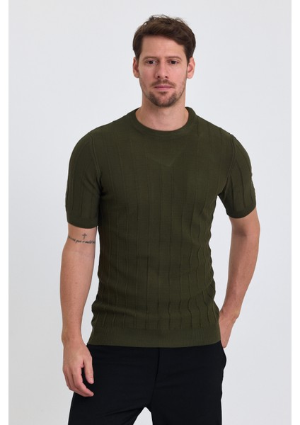 Erkek Haki Bisiklet Yaka Slim Fit Çizgili Esnek Nefes Alan Triko T-Shirt modelleri