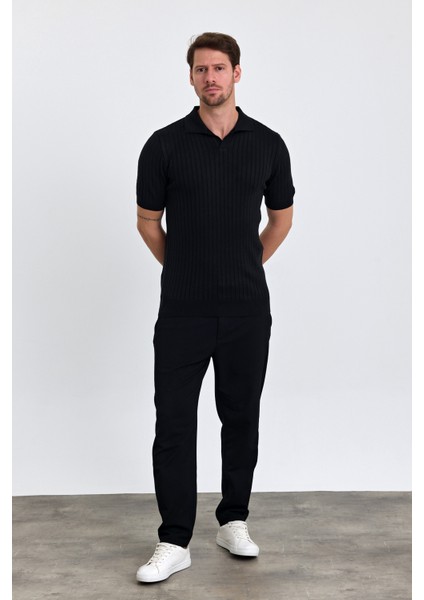 Erkek Siyah Slim Fit Çizgili Esnek Nefes Alan Polo Yaka Triko T-Shirt modelleri