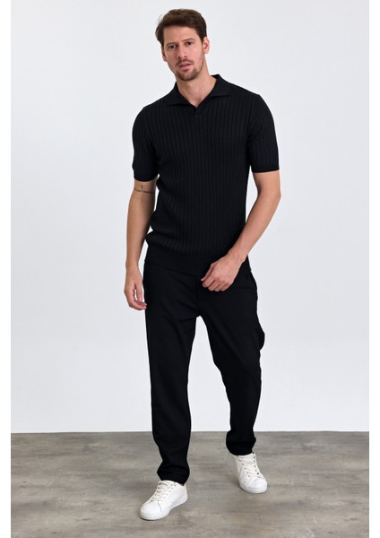Erkek Siyah Slim Fit Çizgili Esnek Nefes Alan Polo Yaka Triko T-Shirt fırsatları