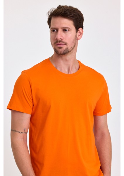 Erkek Slim Fit Pamuk Bisiklet Yaka Basic Tişört Turuncu
