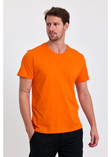 Erkek Slim Fit Pamuk Bisiklet Yaka Basic Tişört Turuncu
