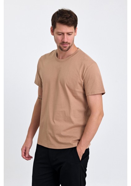 Erkek Slim Fit Pamuk Bisiklet Yaka Basic Tişört Karamel