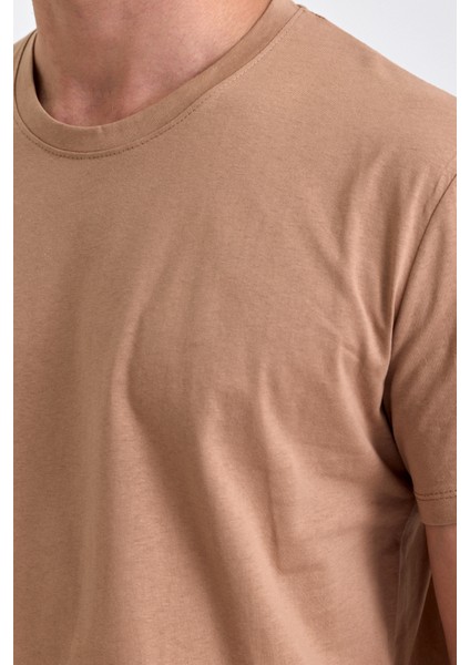 Erkek Slim Fit Pamuk Bisiklet Yaka Basic Tişört Karamel
