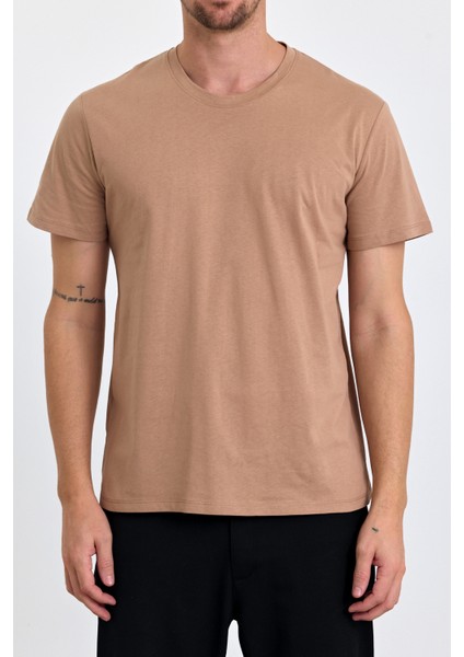 Erkek Slim Fit Pamuk Bisiklet Yaka Basic Tişört Karamel