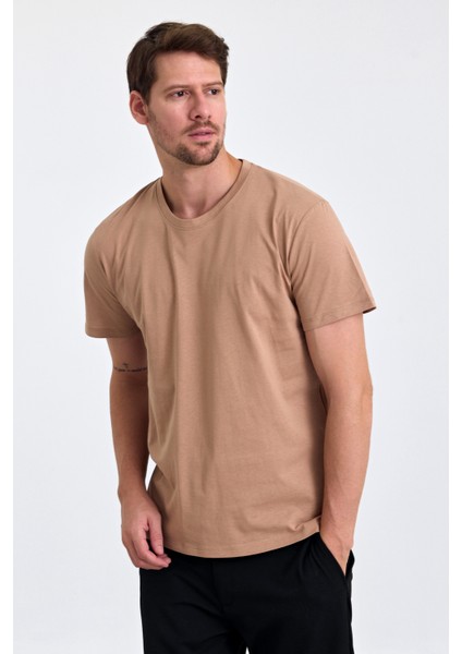 Erkek Slim Fit Pamuk Bisiklet Yaka Basic Tişört Karamel