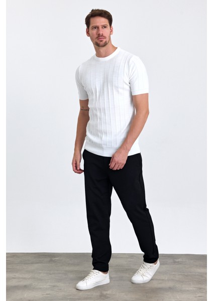 Erkek Beyaz Bisiklet Yaka Slim Fit Çizgili Esnek Nefes Alan Triko T-Shirt fırsatları