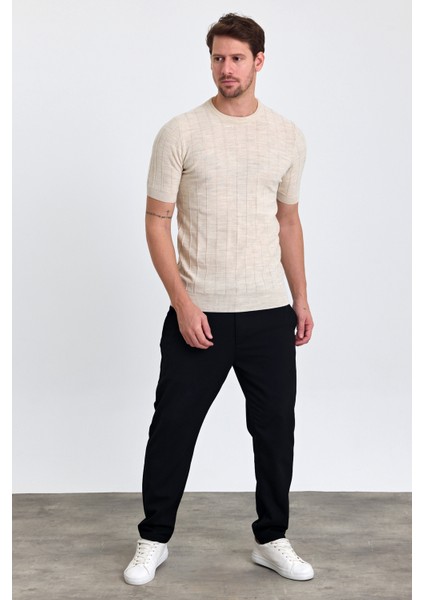 Erkek Bej Bisiklet Yaka Slim Fit Çizgili Esnek Nefes Alan Triko T-Shirt modelleri