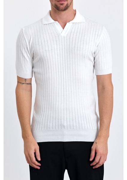 Erkek Beyaz Slim Fit Çizgili Esnek Nefes Alan Polo Yaka Triko T-Shirt