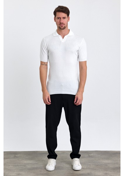 Erkek Beyaz Slim Fit Çizgili Esnek Nefes Alan Polo Yaka Triko T-Shirt fiyatları