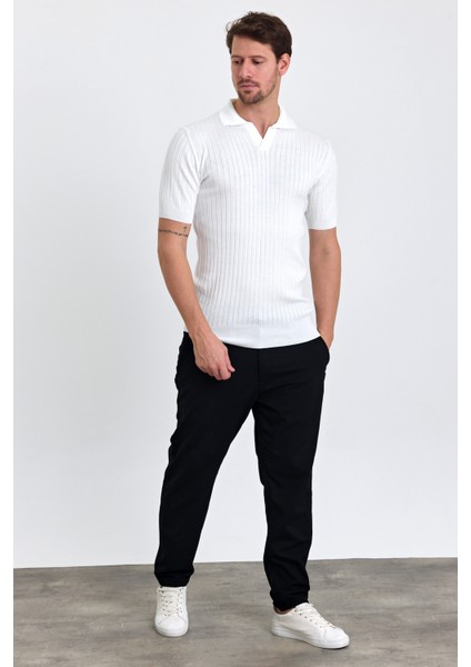 Erkek Beyaz Slim Fit Çizgili Esnek Nefes Alan Polo Yaka Triko T-Shirt fırsatları