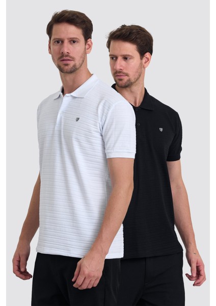 Erkek Pamuklu Kumaş Slim Fit Kesim 2-Li Polo Yaka T-Shirt - Siyah Beyaz
